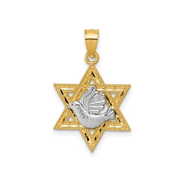 14K Yellow Gold Textured Dove On Star Of David Pendant (NO CHAIN)